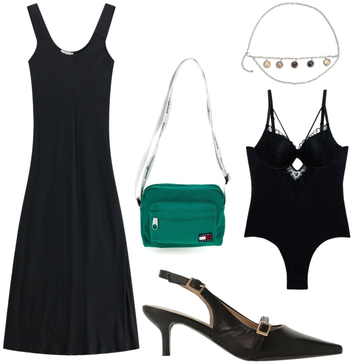 Outfit donna - Borsa verde smeraldo. Stile Glamour per Serata fuori. Abbinamento con body, cinture, sandali col tacco, vestiti midi/longuette, borse a tracolla.