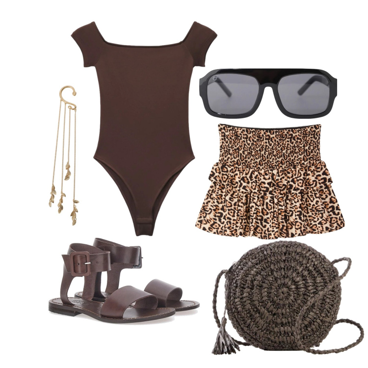 Outfit donna - Giugno. Stile Trendy per Tutti i giorni. Abbinamento con borse a tracolla, top, minigonne, occhiali da sole, orecchini, sandali.