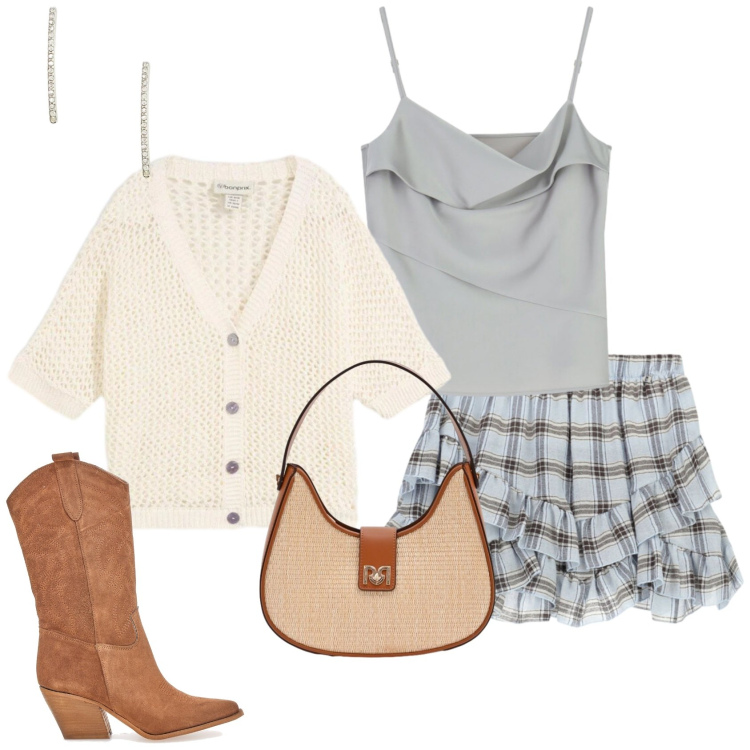 Outfit donna - Un Urban outfit. Stile Urban per Tutti i giorni. Abbinamento con cardigans, borse a spalla, canottiere, minigonne, orecchini, stivaletti texani.