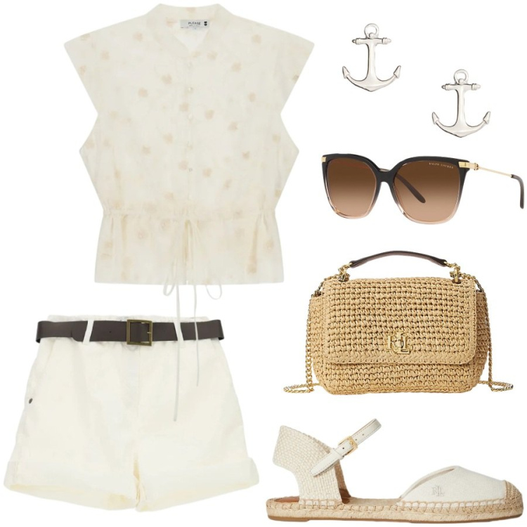 Outfit donna - Aperitivo vista mare. Stile Casual chic per Tutti i giorni. Abbinamento con shorts, top, espadrillas, occhiali da sole, borse a spalla, orecchini.