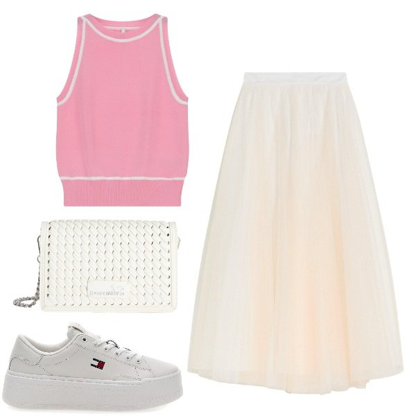 Outfit donna - Gli opposti funzionano insieme. Stile Sporty chic per Tutti i giorni. Abbinamento con gonne lunghe, top, borse a tracolla, sneakers.