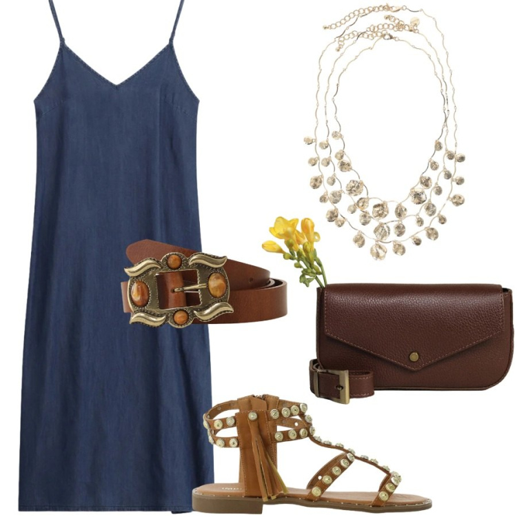 Outfit donna - Total look #2411746. Stile Casual chic per Tutti i giorni. Abbinamento con sandali, vestiti midi/longuette, borse a tracolla, collane, cinture.