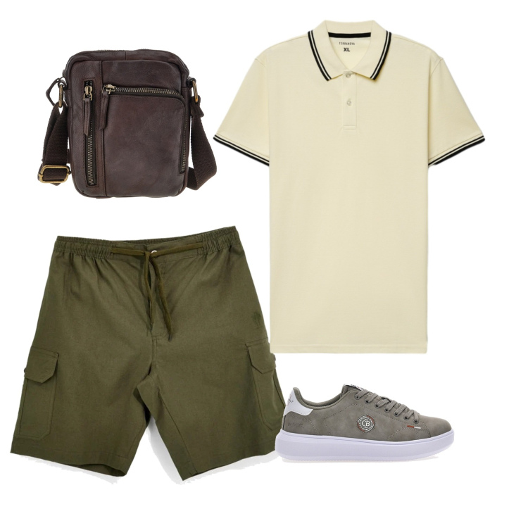 Outfit uomo - Adventure Casual. Stile Urban per Tutti i giorni. Abbinamento con polo, sneakers, bermuda, borse sportive.