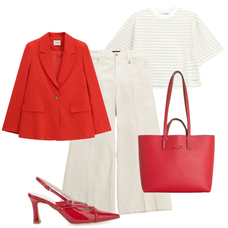 Outfit donna - Il blazer rosso. Stile Casual chic per Serata fuori. Abbinamento con shopping bag, t-shirt, pantaloni a palazzo, blazer, décolleté.
