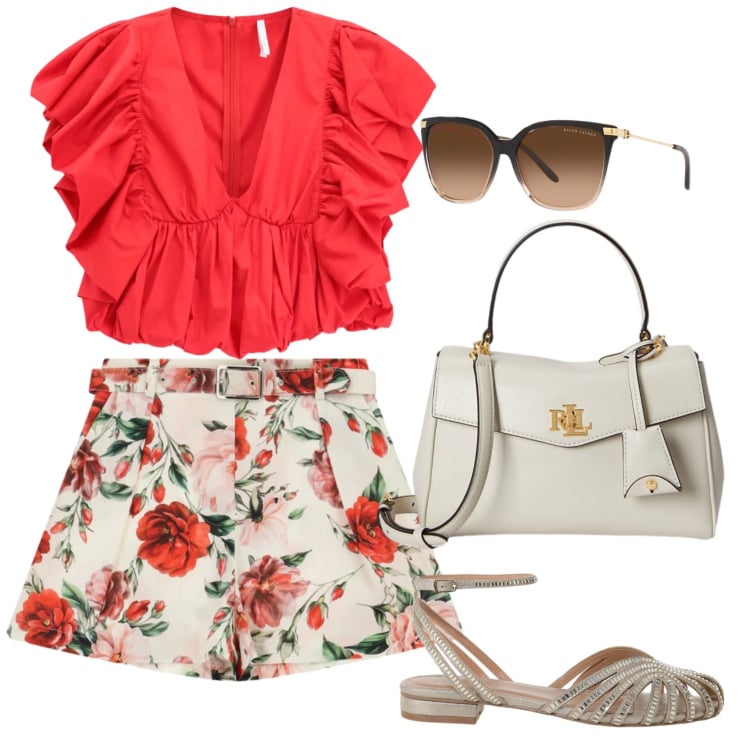 Outfit donna - Cena a giugno. Stile Casual chic per Serata fuori. Abbinamento con shorts, top, borse a mano, occhiali da sole, sandali.