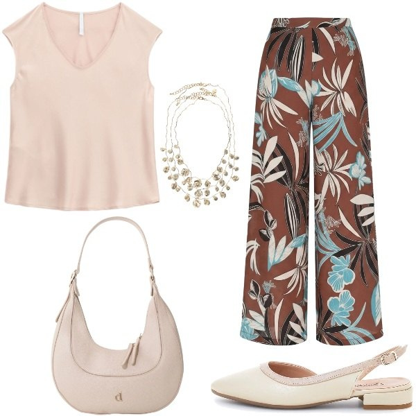 Outfit donna - Estate. Stile Casual chic per Ufficio. Abbinamento con pantaloni a palazzo, canottiere, borse a tracolla, collane, sandali.