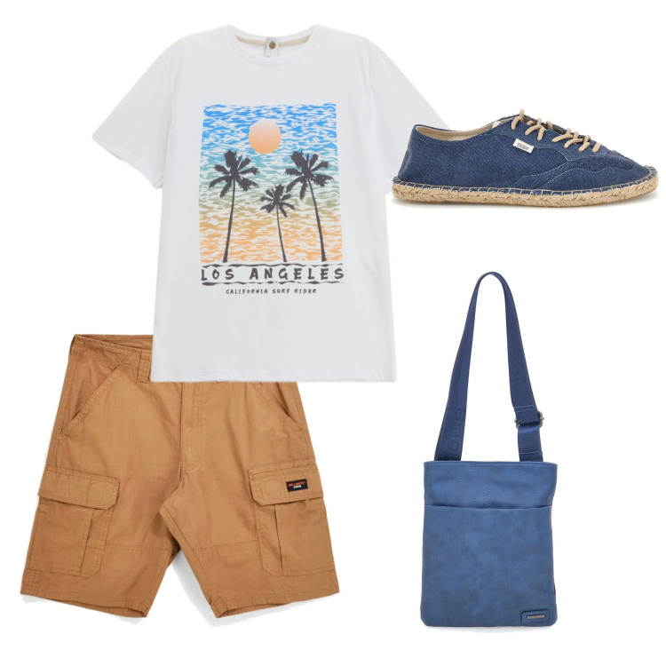 Outfit uomo - California Sunset. Stile Casual per Tutti i giorni. Abbinamento con t-shirt, portafogli, bermuda, espadrillas.