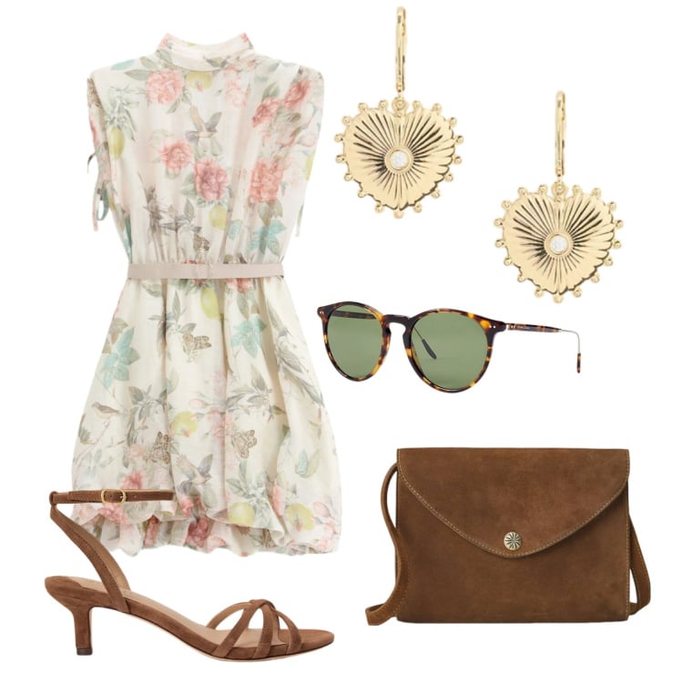 Outfit donna - Pranzo in riva al mare. Stile Casual chic per Serata fuori. Abbinamento con vestiti corti, borse a tracolla, occhiali da sole, sandali col tacco, orecchini.