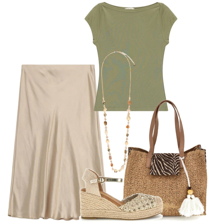 Outfit donna - Total look #2411757. Stile Casual chic per Tutti i giorni. Abbinamento con gonne, top, collane, zeppe, borse a spalla.