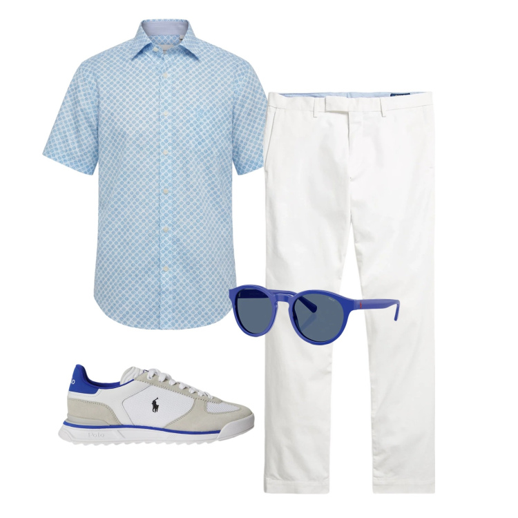 Outfit uomo - Azure Elegance. Stile Business/Elegante per Cerimonia. Abbinamento con camicie a manica corta, pantaloni chino, occhiali da sole, sneakers.