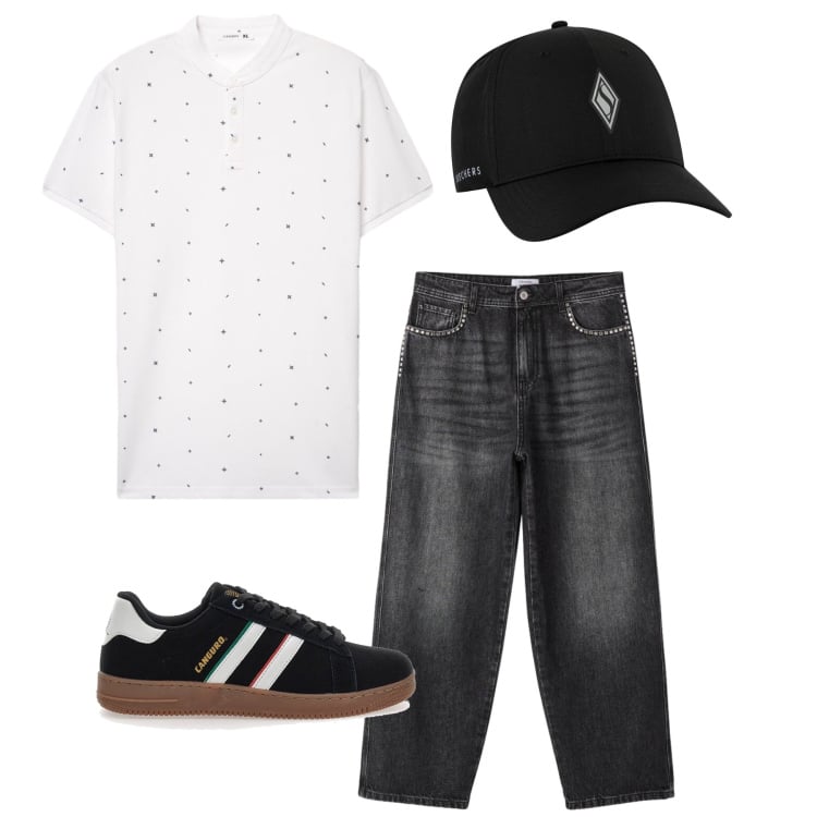 Outfit uomo - Urban Monochrome. Stile Urban per Tutti i giorni. Abbinamento con jeans, polo, cappelli con visiera, sneakers.