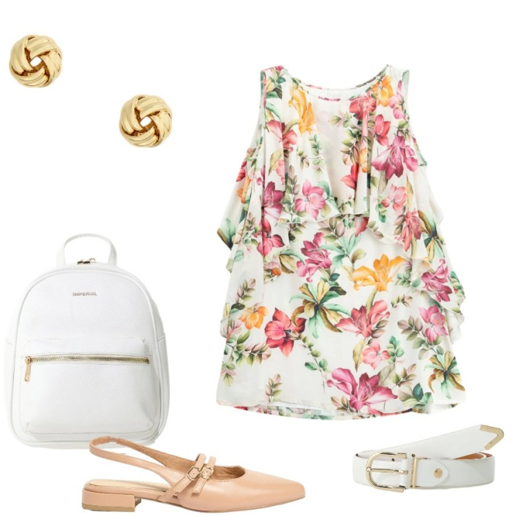 Outfit donna - Total look #2411763. Stile Casual chic per Tutti i giorni. Abbinamento con ballerine, zaini, cinture, vestiti corti, orecchini.
