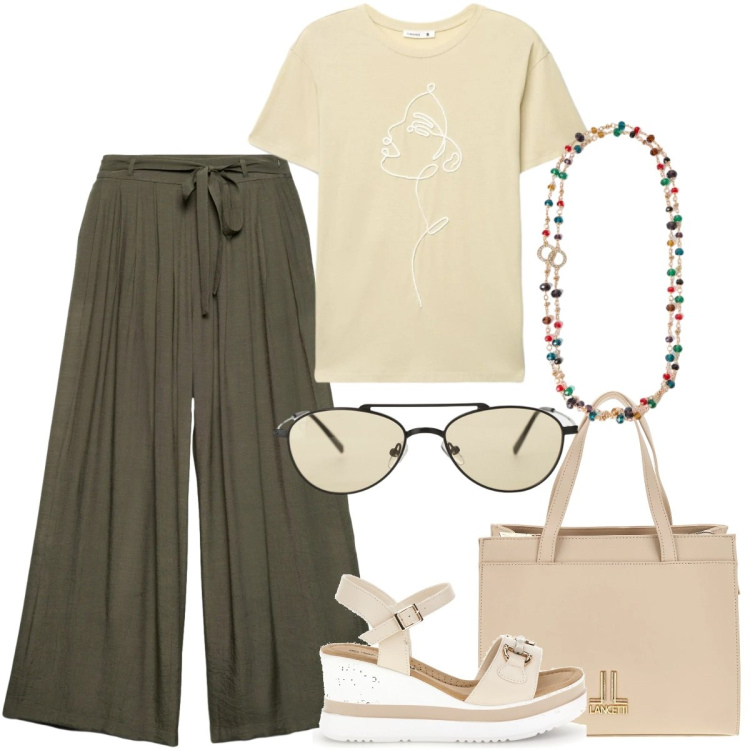 Outfit donna - Total look #2411764. Stile Casual chic per Tutti i giorni. Abbinamento con pantaloni, t-shirt, occhiali da sole, collane, zeppe, borse a tracolla.