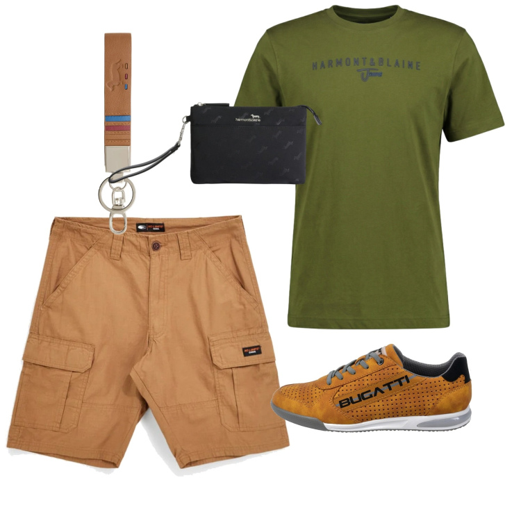 Outfit uomo - Safari Weekend. Stile Casual per Tutti i giorni. Abbinamento con portachiavi, borse sportive, t-shirt, sneakers, bermuda.