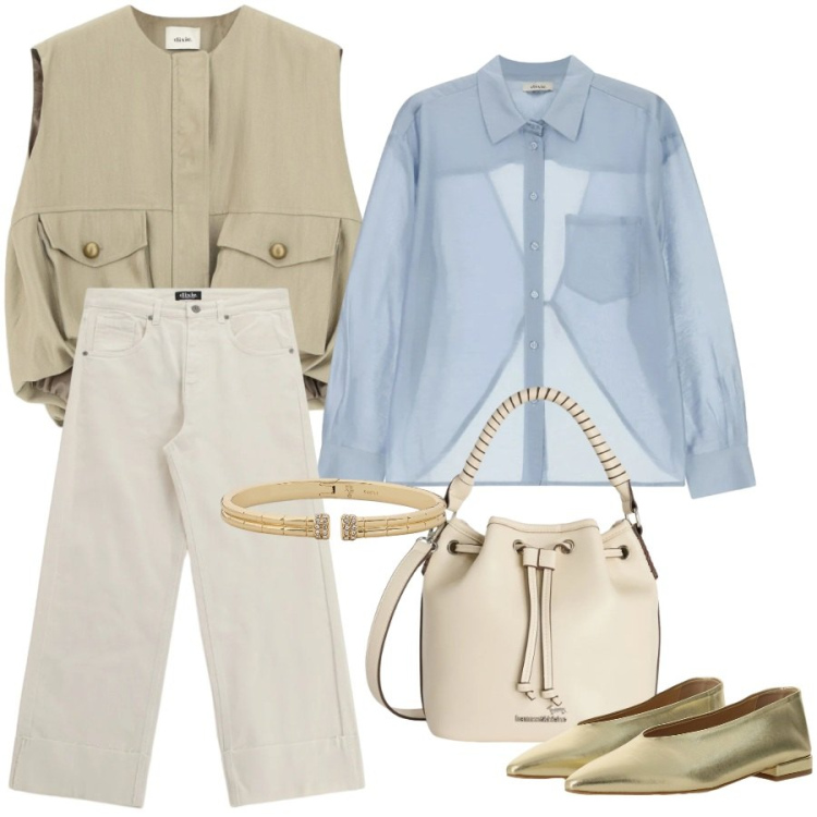 Outfit donna - Total look #2411767. Stile Casual chic per Tutti i giorni. Abbinamento con borse a secchiello, camicie, ballerine, jeans, gilet, braccialetti.