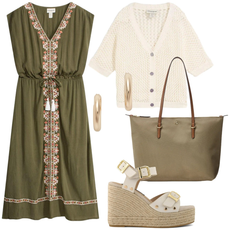 Outfit donna - Total look #2411768. Stile Boho per Tutti i giorni. Abbinamento con vestiti midi/longuette, cardigans, orecchini, borse tote, zeppe.