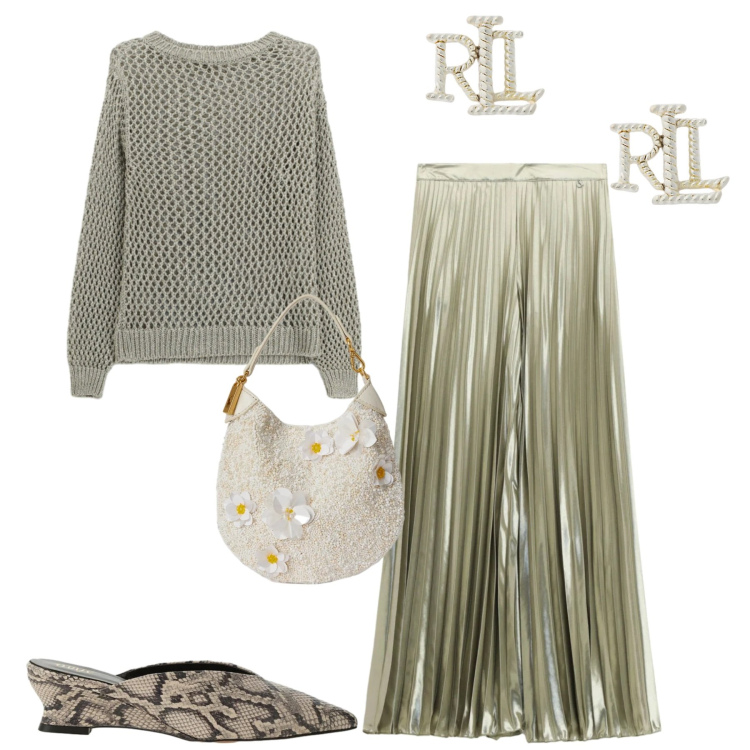 Outfit donna - Serata. Stile Trendy per Serata fuori. Abbinamento con orecchini, pochette, pantaloni a palazzo, maglieria, sabot.