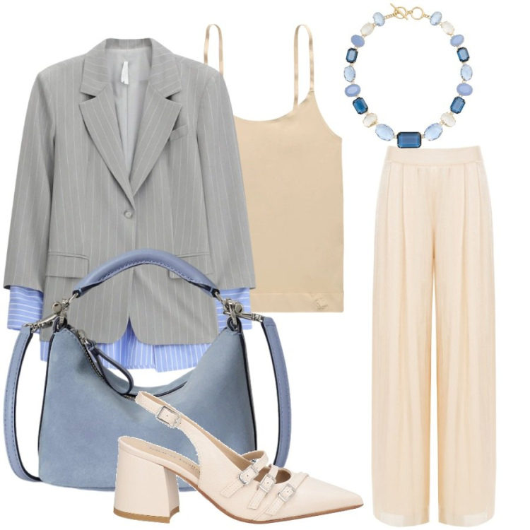 Outfit donna - Total look #2411771. Stile Casual chic per Tutti i giorni. Abbinamento con décolleté, blazer, pantaloni a palazzo, borse a spalla, magliette intime, collane.