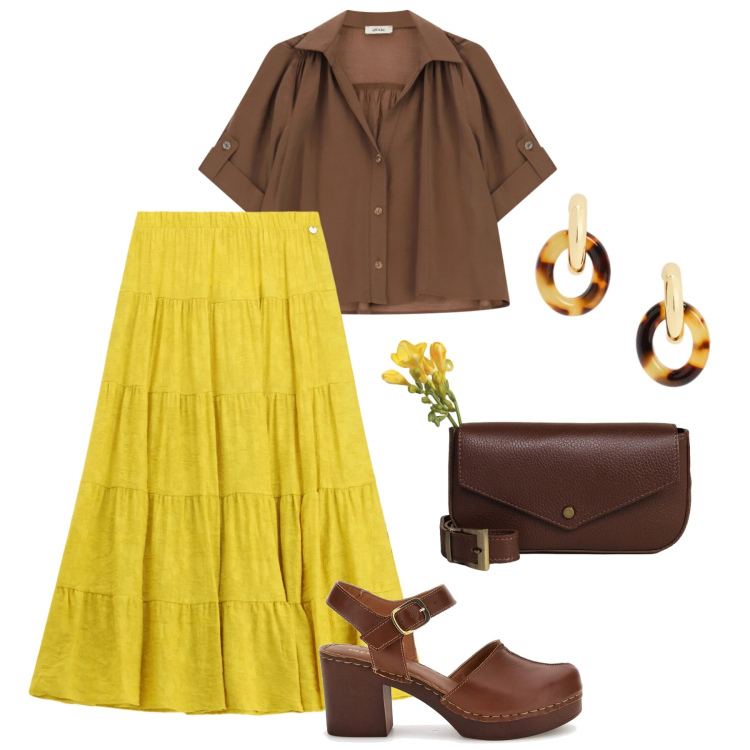 Outfit donna - Giallo bohémien. Stile Boho per Tutti i giorni. Abbinamento con gonne lunghe, borse a tracolla, camicie, orecchini, zoccoli.
