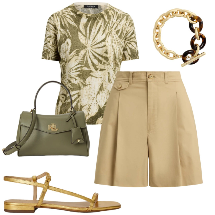 Outfit donna - Ralph Lauren. Stile Casual chic per Tutti i giorni. Abbinamento con bermuda, t-shirt, sandali in pelle, borse a mano, braccialetti.