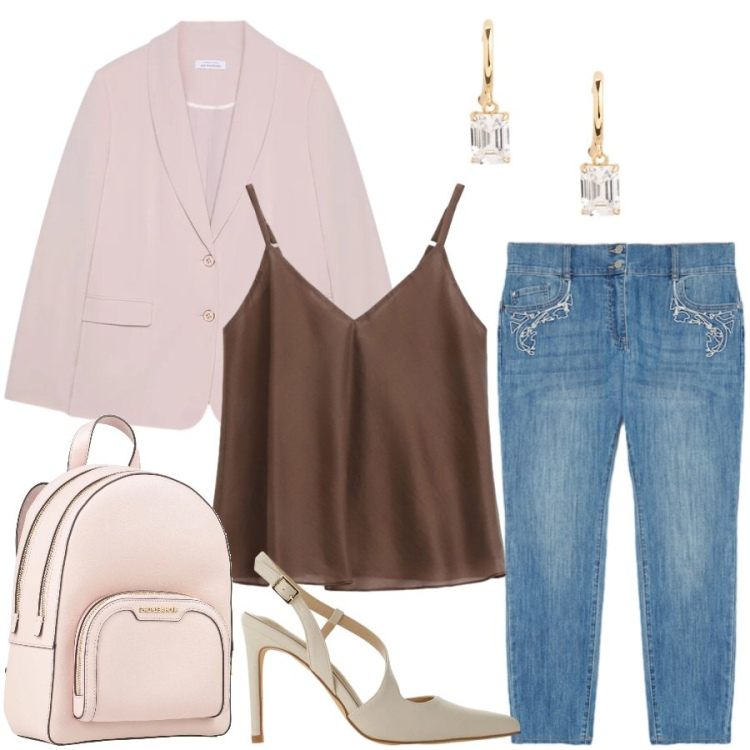 Outfit donna - Total look #2411775. Stile Casual chic per Ufficio. Abbinamento con zaini, décolleté, top, blazer, jeans skinny, orecchini.