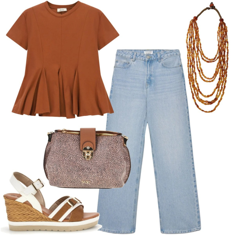 Outfit donna - Total look #2411785. Stile Casual chic per Tutti i giorni. Abbinamento con jeans, collane, top, borse a tracolla, zeppe.