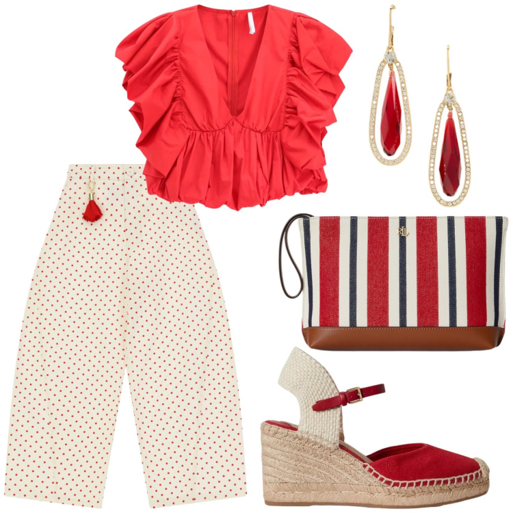 Outfit donna - Total look #2411787. Stile Trendy per Tutti i giorni. Abbinamento con pantaloni, top, zeppe, pochette, orecchini.