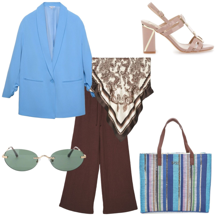 Outfit donna - Turchese e marrone. Stile Casual chic per Tutti i giorni. Abbinamento con blazer, pantaloni, top, occhiali da sole, shopping bag, sandali col tacco.
