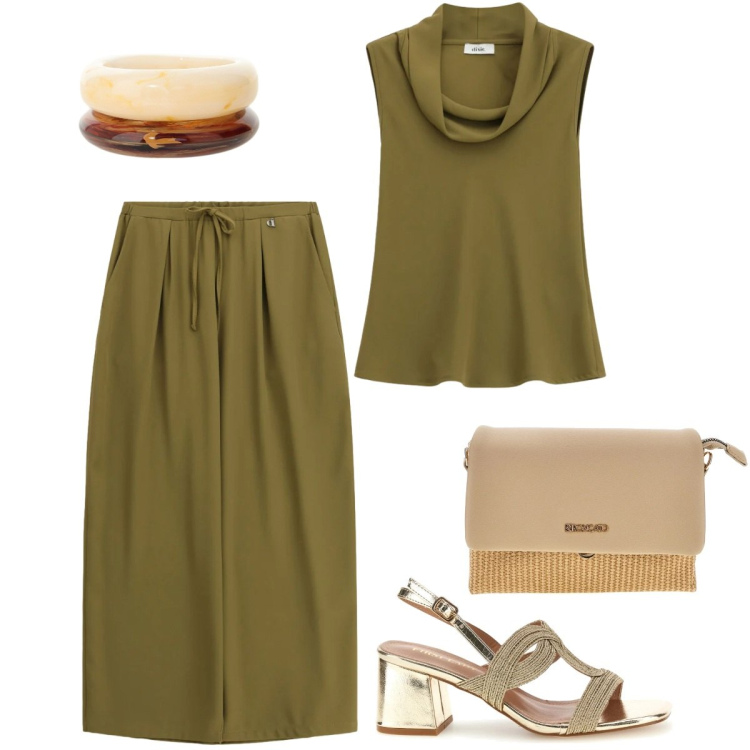 Outfit donna - Total look #2411793. Stile Casual chic per Ufficio. Abbinamento con braccialetti, top, pantaloni a palazzo, borse a spalla, sandali col tacco.