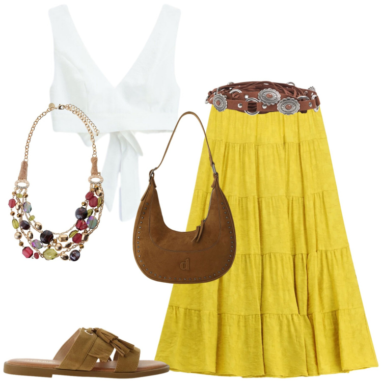Outfit donna - Boho. Stile Boho per Tutti i giorni. Abbinamento con cinture, gonne lunghe, sandali, top, cappotti, collane.