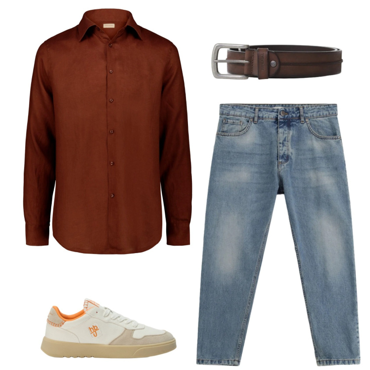 Outfit uomo - Rilassato. Stile Trendy per Tutti i giorni. Abbinamento con jeans, cinture, camicie, sneakers.