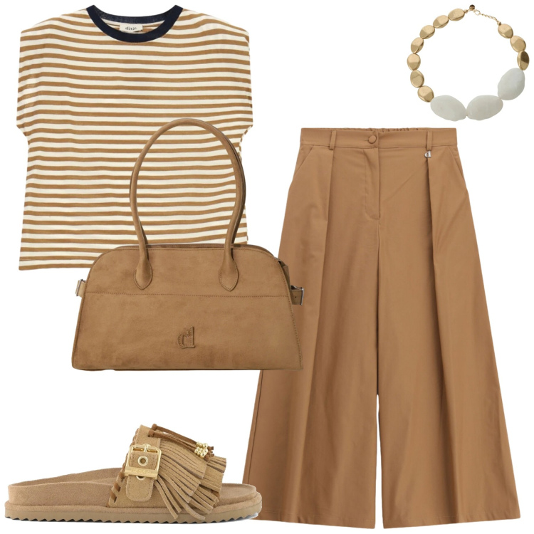 Outfit donna - Colori della terra. Stile Casual chic per Tutti i giorni. Abbinamento con pantaloni a palazzo, cappotti, collane, t-shirt, sandali in pelle.