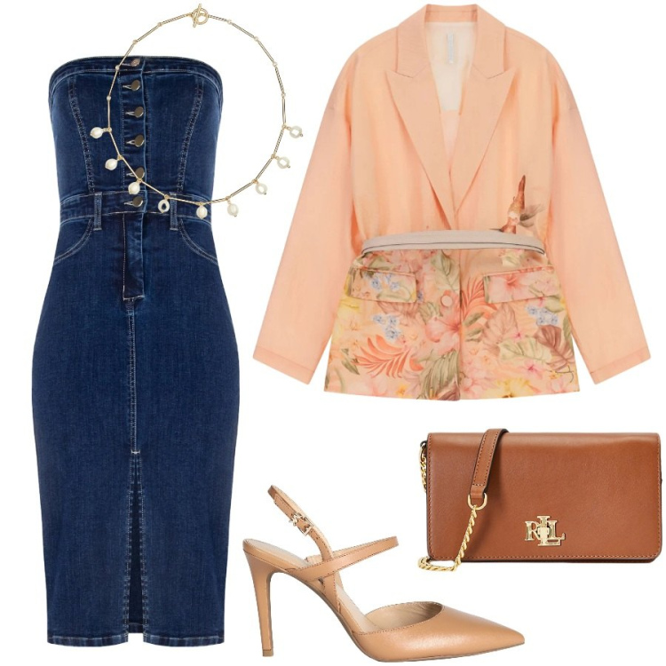 Outfit donna - Blazer d\'effetto e tubino denim. Stile Chic per Cerimonia. Abbinamento con décolleté, vestiti a tubino, blazer, borse a mano, collane.