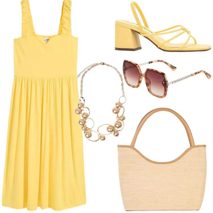Outfit donna - In città. Stile Chic per Tutti i giorni. Abbinamento con sandali col tacco, occhiali da sole, shopping bag, vestiti, collane.