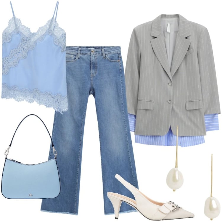 Outfit donna - Pranzo di lavoro. Stile Trendy per Ufficio. Abbinamento con décolleté, blazer, jeans, top, orecchini, borse a spalla.