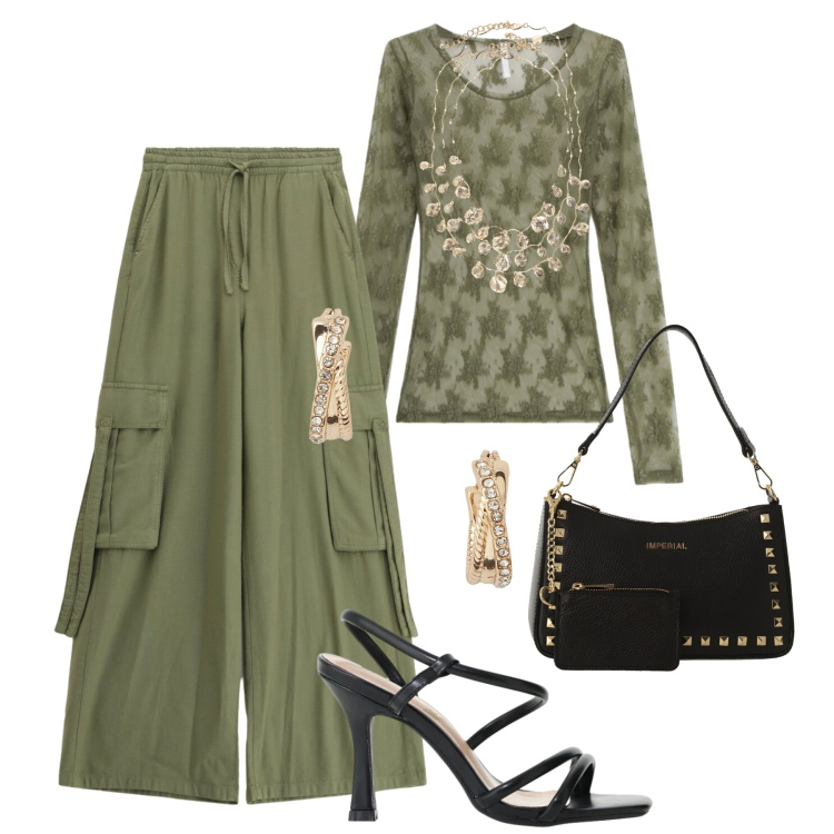 Outfit donna - Cargo versione chic. Stile Casual chic per Serata fuori. Abbinamento con bluse, borse a spalla, sandali col tacco, pantaloni cargo, collane, orecchini.