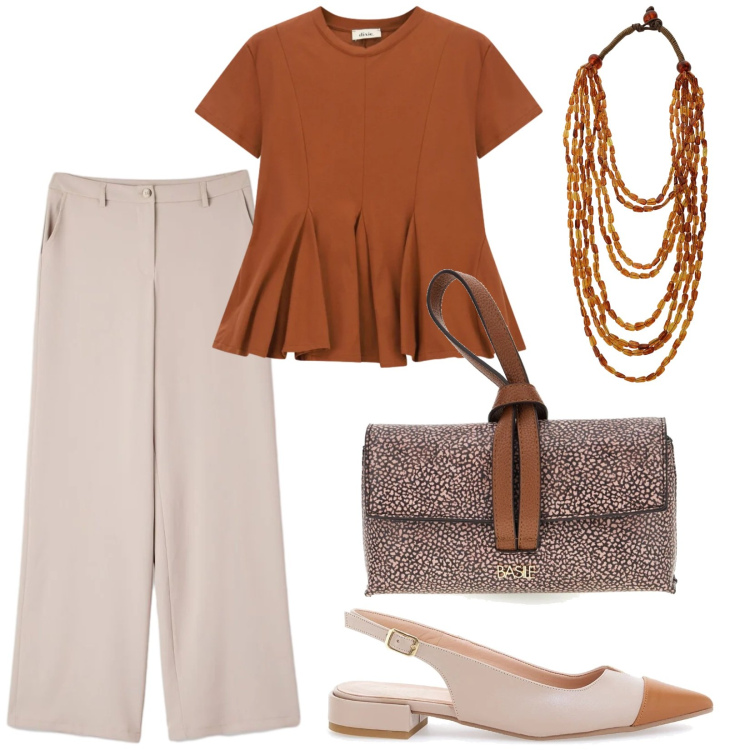 Outfit donna - Total look #2411810. Stile Minimal per Ufficio. Abbinamento con pantaloni, collane, top, borse a tracolla, ballerine.