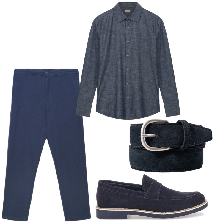 Outfit uomo - Blu. Stile Casual per Serata speciale. Abbinamento con pantaloni, camicie, cinture, scarpe stringate.