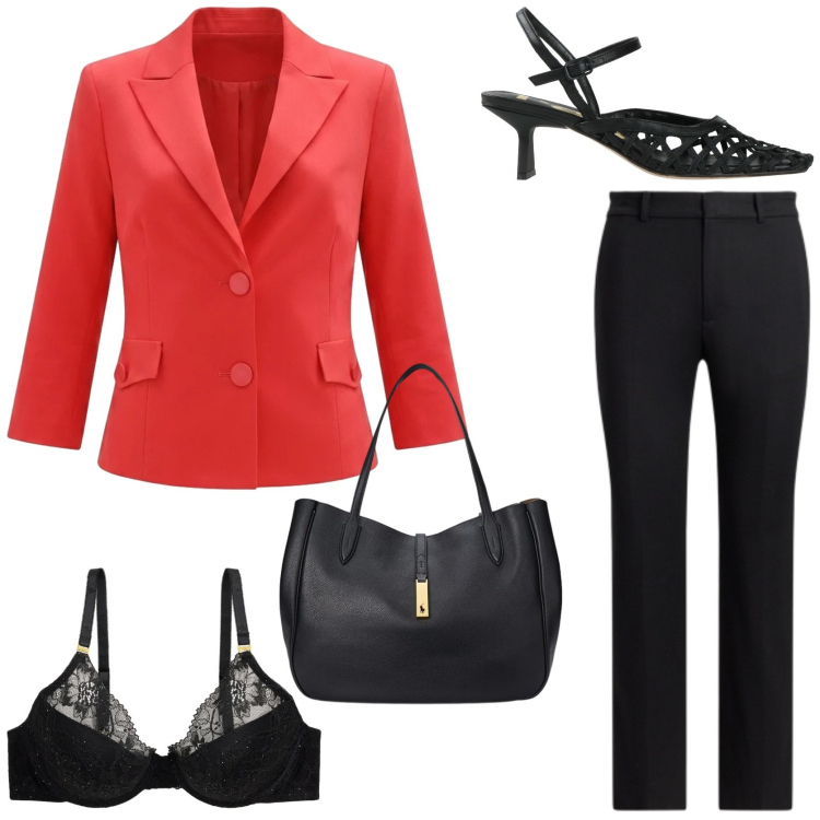 Outfit donna - Un tocco di rosso. Stile Chic per Tutti i giorni. Abbinamento con décolleté, blazer, reggiseni, borse tote, pantaloni.