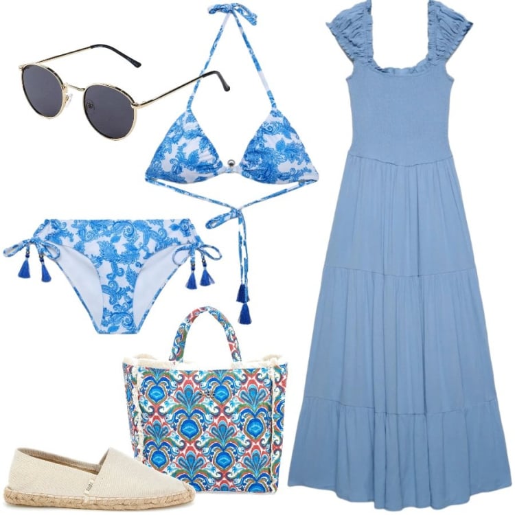 Outfit donna - Destinazione mare. Stile Casual per Mare. Abbinamento con occhiali da sole, vestiti lunghi, bikini, bikini, shopping bag, espadrillas.