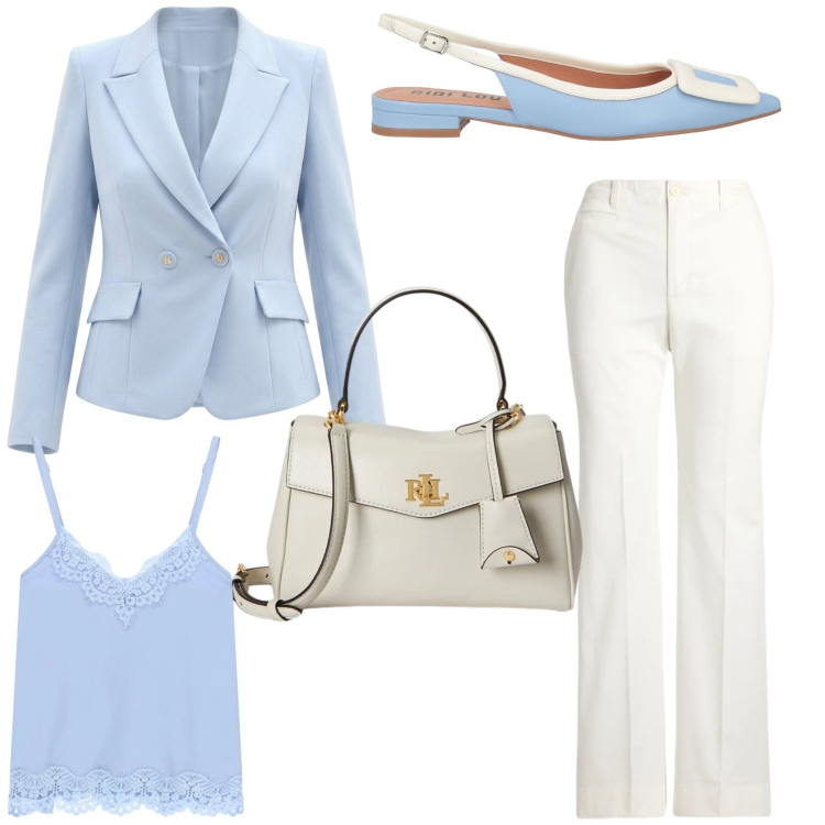 Outfit donna - Impeccabile in ufficio. Stile Glamour per Ufficio. Abbinamento con ballerine, blazer, top, pantaloni, borse a mano.