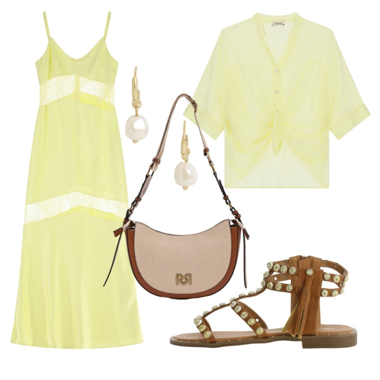 Outfit donna - Un tocco di giallo. Stile Boho per Serata fuori. Abbinamento con borse a tracolla, vestiti lunghi, sandali, camicie, orecchini.