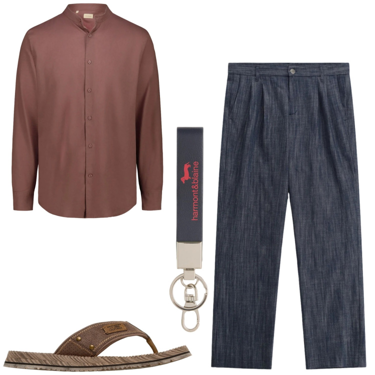 Outfit uomo - Giugno. Stile Trendy per Tutti i giorni. Abbinamento con pantaloni, portachiavi, camicie, sandali.
