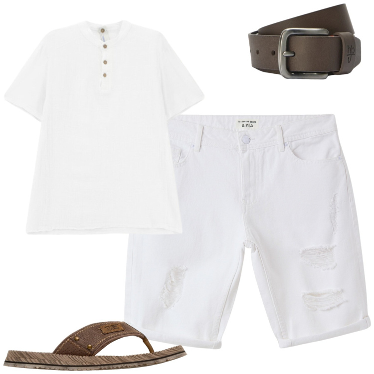Outfit uomo - Bianco estivo. Stile Casual per Tutti i giorni. Abbinamento con bermuda, t-shirt, cinture, sandali.