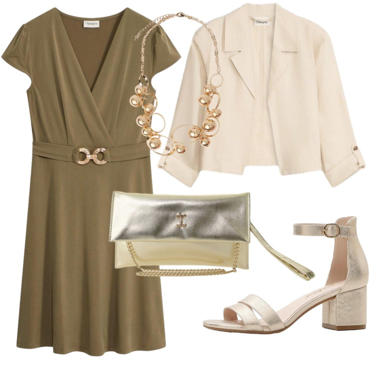 Outfit donna - Invitata a giugno. Stile Chic per Cerimonia. Abbinamento con vestiti, blazer, sandali col tacco, borse a tracolla, collane.