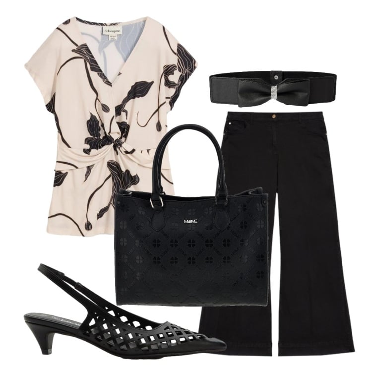 Outfit donna - La blusa fantasia. Stile Bon Ton per Ufficio. Abbinamento con bluse, décolleté, cinture, pantaloni, borse a tracolla.