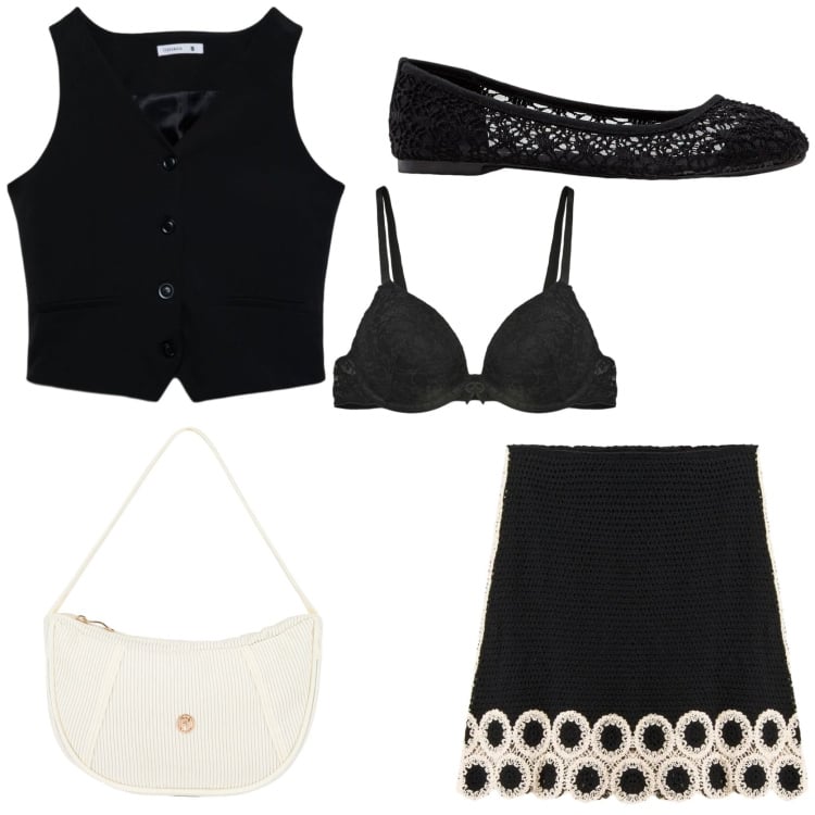 Outfit donna - Le ballerine cool in pizzo. Stile Chic per Tutti i giorni. Abbinamento con ballerine, gonne, gilet, reggiseni push-up, borse a mano.