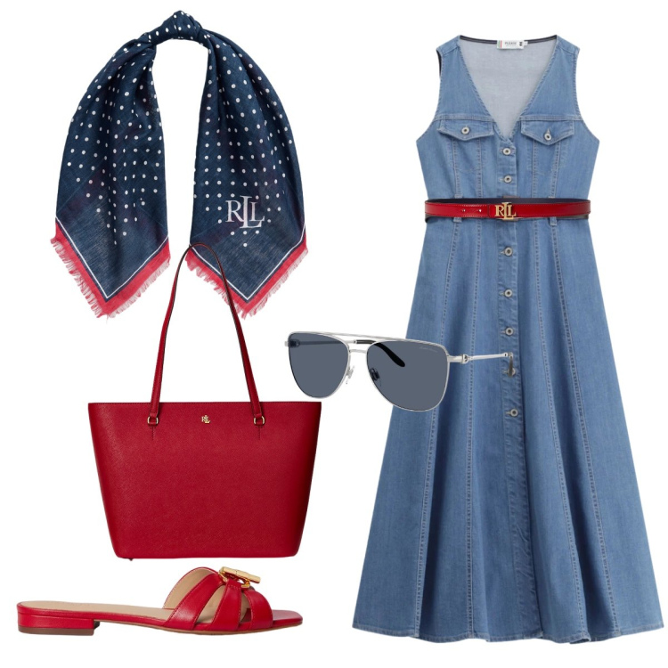 Outfit donna - Il vestito di jeans. Stile Trendy per Tutti i giorni. Abbinamento con vestiti midi/longuette, ciabatte, cinture, borse tote, foulard, occhiali da sole.