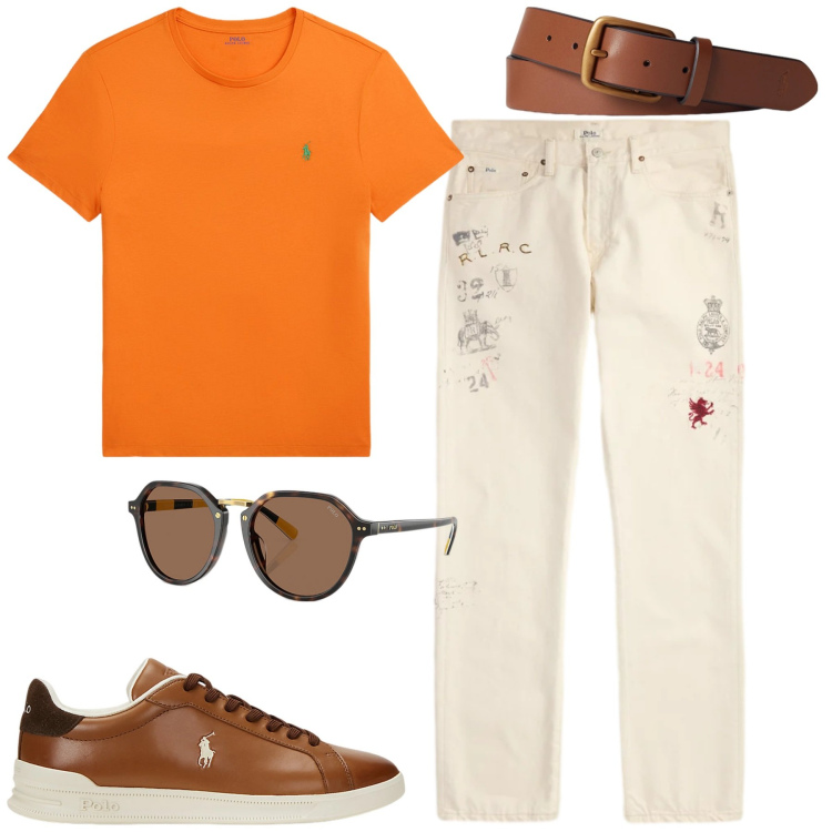 Outfit uomo - I jeans grafici. Stile Casual per Tutti i giorni. Abbinamento con sneakers, t-shirt, cinture, jeans dritti, occhiali da sole.