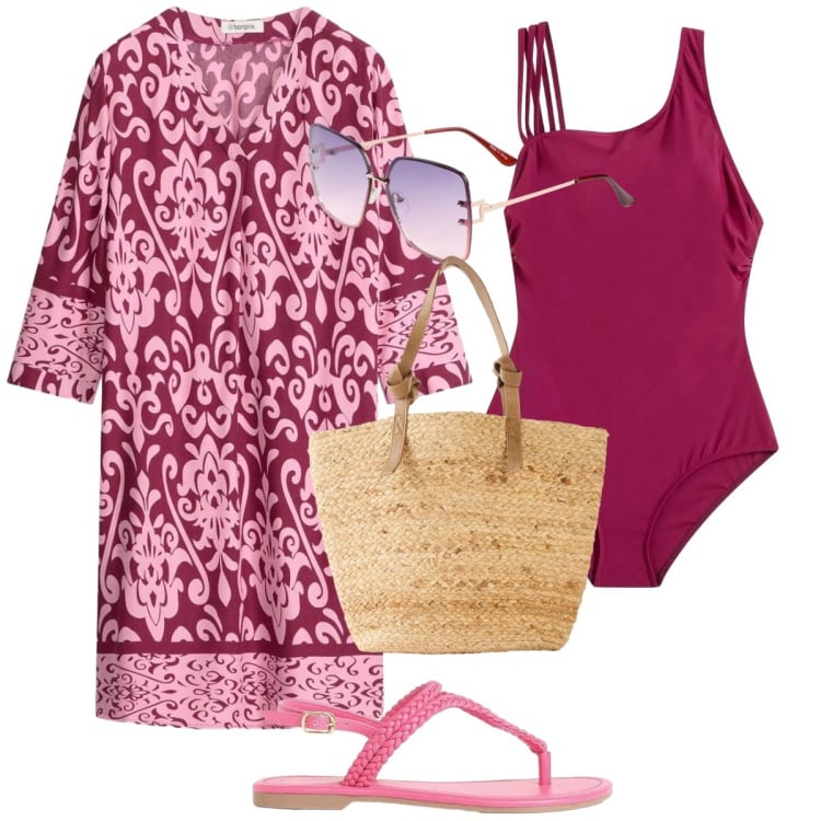 Outfit donna - Total look #2411841. Stile Trendy per Mare. Abbinamento con costumi interi, vestiti, sandali, shopping bag, occhiali da sole.